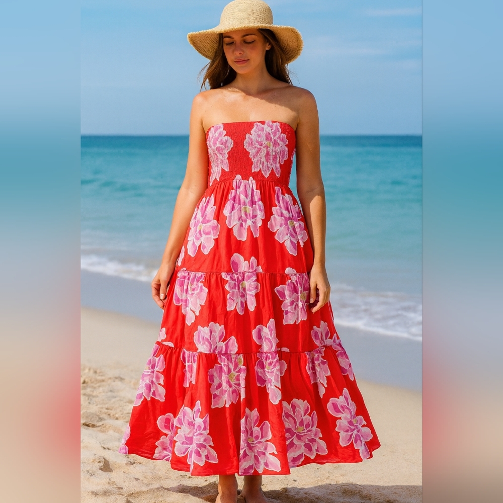 Strapless Red Floral Tiered Sundress, L, EUC